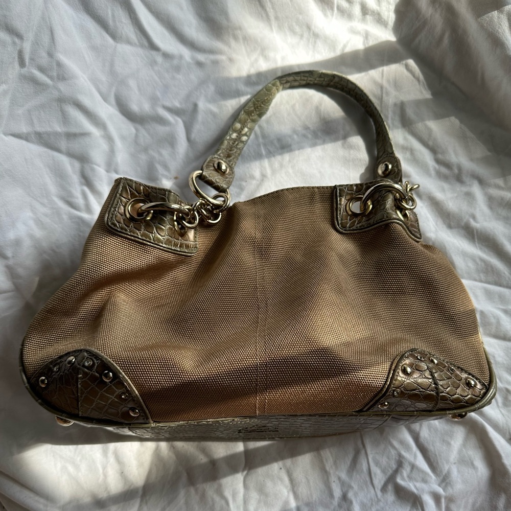 Vintage Kathy Van Zeeland Tan and Croc-Trim Tote Bag